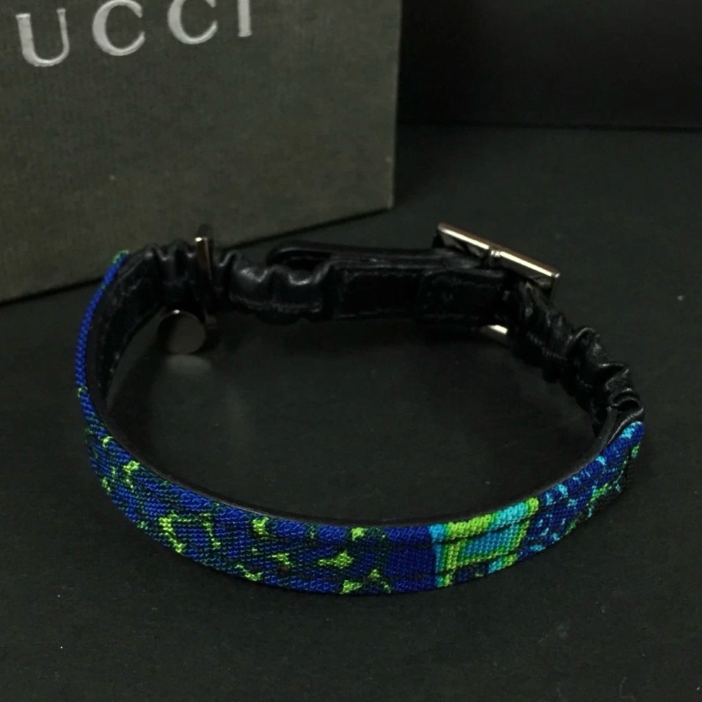 ❌SOLD❌ Gucci Blue and Green Patterned Jacquard Cat Collar with Leather Trim
